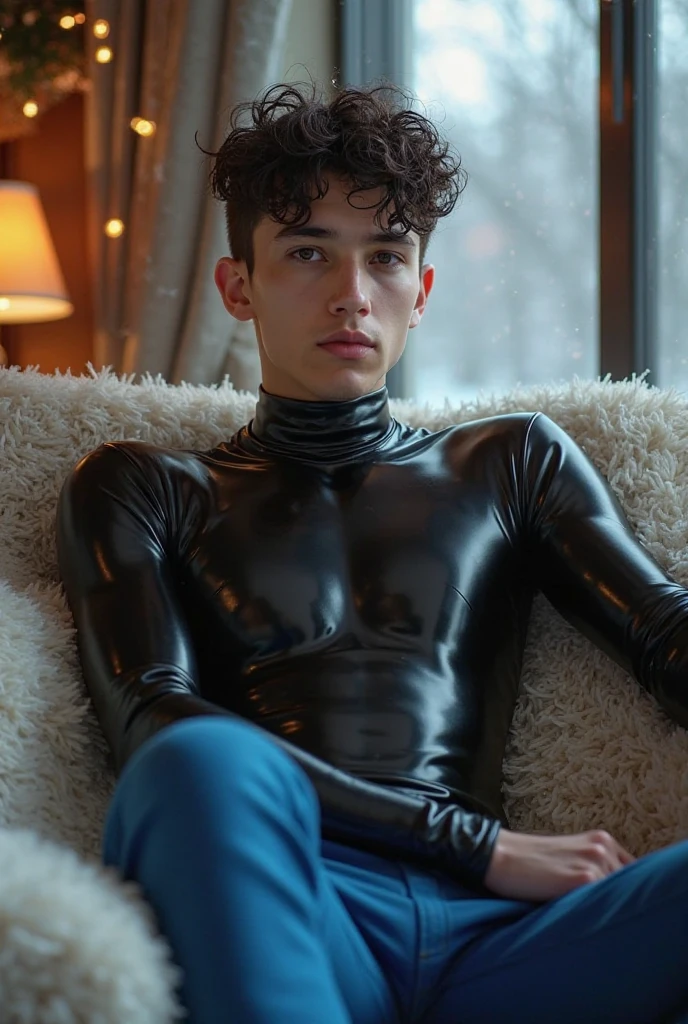 A shirtless caucasian teenage male model with messy light-brown hair and articulate eyebrows, poses in armchair eating cotton candy, wearing skin-tight shiny white latex rubber leggings , lots of silver rings, showing off feet in latex, in luxurious manor livingroom with walls and ceiling covered with old woodwork
