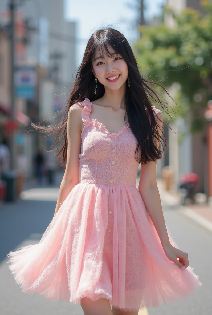 (Best-quality, Masterpiece, Ultra-High-Resolution, (Photorealistic:1.9), Raw Photo, depth of field, professional lighting, perfect anatomy, extremely details), 1girl, 15-years-old, the most famous Japanese idol, ((wearing extremely cute-lacy light-pink-dress with cute-design):1.3), looking at viewer, (((innocent smile))), ((extremely cute face, ((extremely cute and extremely big black-realistic-eyes)), extremely cute black-hair) extremely cute long-eyelashes, extremely cute lips), (((extremely beautiful and extremely realistic skins))), extremely beautiful thighs