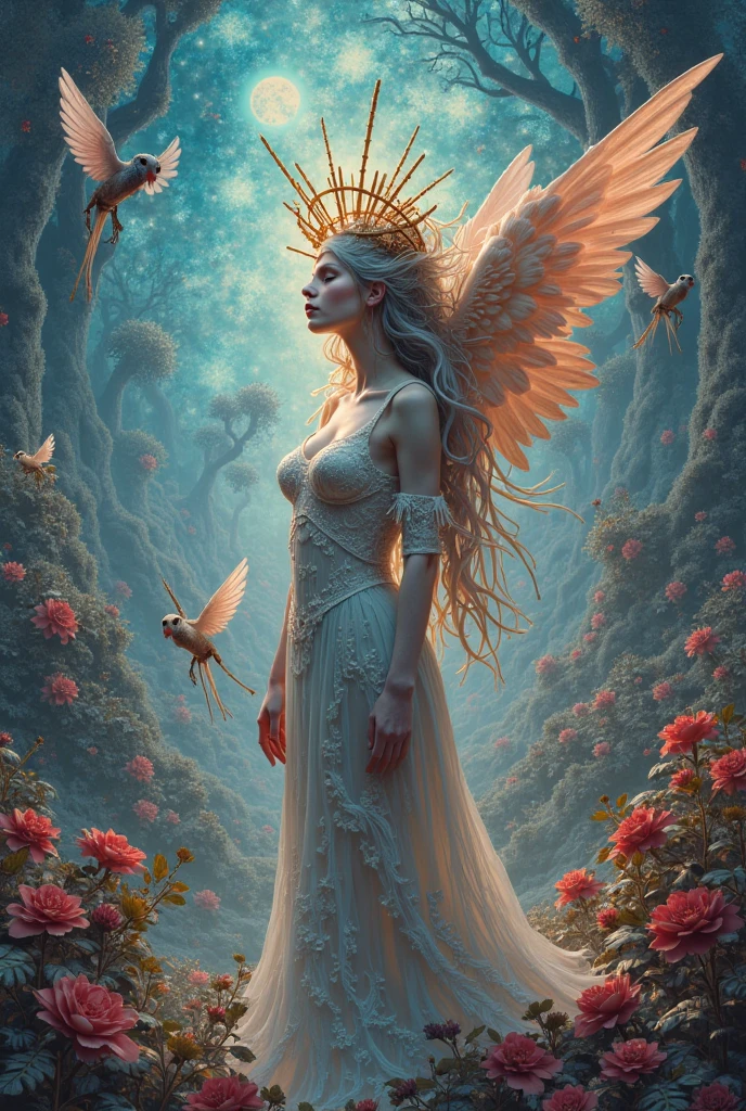 (highest quality, masterpiece, High resolution), 16K, fantasy art, RPG art a picture of (((2 women))), BREAK a (1female angel: 1.3) , wearing dress, pale skin, best details beautiful face , (blond: 1.2) hair, long hair wavy hair (blue: 1.1) eyes, high heeled boots, wearing a dress, large angelic wings, (white: 1.2) angelic wings spread BREAK ((AND)) a (1female demon: 1.3), (red: 1.2) skin, demonic wings, (black: 1.1) demonic wings spread, demonic horns, (red: 1.1) skin, black hair, red eyes, best details beautiful face, wearing a dress, high heels, in the border between heaven and hell, moon, stars, clouds, god rays, soft natural light silhouette, dynamic angle, photorealism, panoramic view (Masterpiece 1.3, intense details) , Wide-Angle, Ultra-Wide