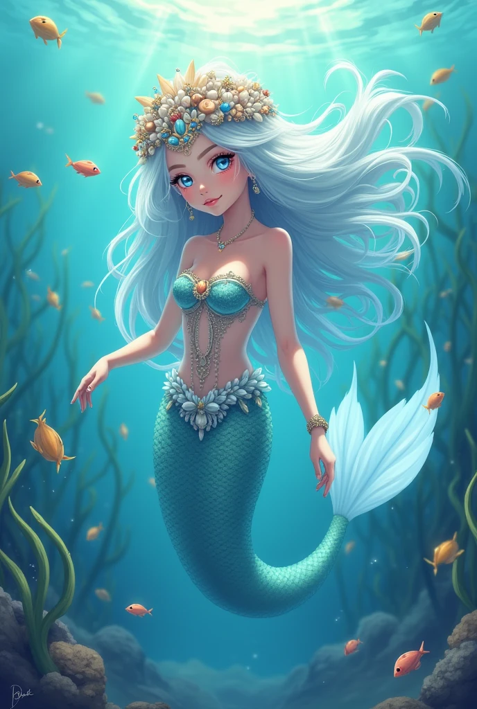 cartoon Mermaid with blue hair and a tiable holding a green leaf, beautiful Mermaid, Mermaid, Mermaid body, portrait of Mermaid queen, Princess Ariel, ariana grande as a Mermaid, Official illustrations, portrait of Mermaid, by Maria Angel, Red Cliff, little Mermaid, Red Cliff art, Lovely art style, Official Art, kawaii Red Cliff, ariel the little Mermaid, advanced digital Red Cliff art