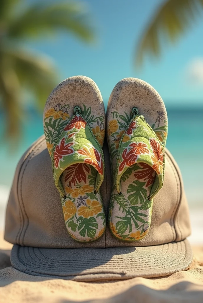 serene beach, sunset, walking on shoreline, tropical pattern socks, palm trees, flip flops, beach vibe, tranquil atmosphere, playful fashion,hyperrealistic, (flip_flop_sock:1.1), ,