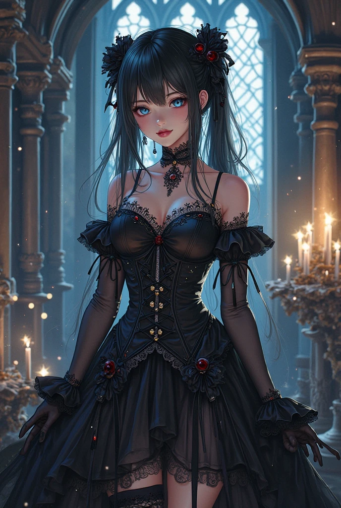 Full body 2d anime character, with gothic clothes.