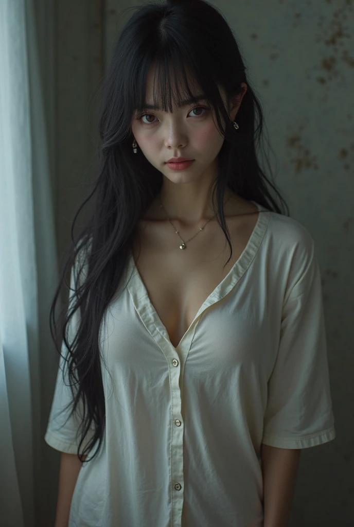 Best quality, masterpiece, super high resolution, (fidelity: 1.4), original photo, 1girl, goose egg face, big eyes, huge breasts, transparent shirt, long eyelashes, painted light makeup, off-the-shoulders, shirt, movie lighting, summer evening, heat, sweat