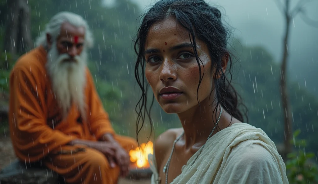 A woman smiling, and at a distance a man is very crying, no one around them, a river beside them, ther is raining, looks asian, a boat in the river, a girl swimming in the river in saree. 