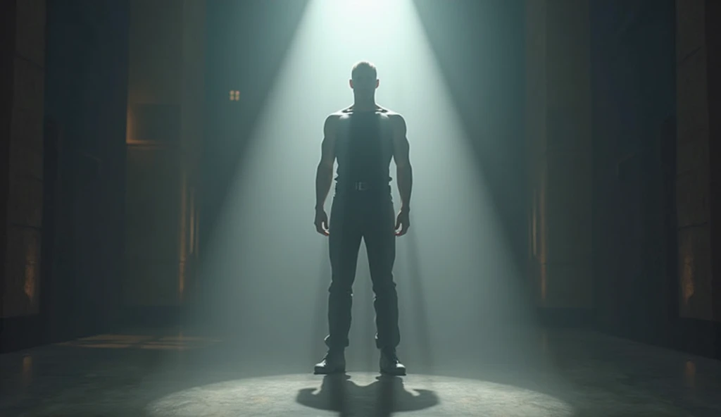 Tall young man of 2, 1.95 meters tall, athletic body, face same as reference image "xaden riorson", standing in an alcove, shirtless, without shoes, Whole body. whole body, realistic image.