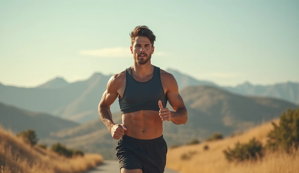 Have a person running on a road shirtless with glasses sweating pushing himself to the limit, have Orta but from another angle, have a more realistic one that looks cinematic