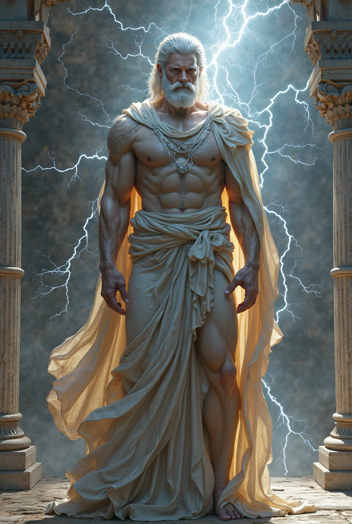 Zeus, cyborg, lightning strikes,  hose with liquid coming out of your body, matrix, chains on hands 
