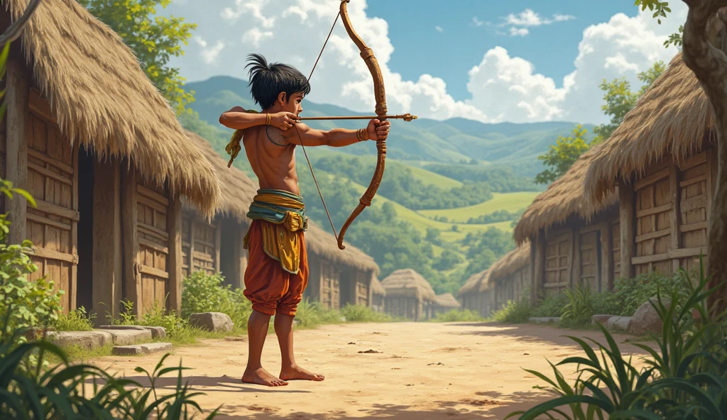 Barefoot paleolithic hunter with bow and arrows in the Chinese steppe