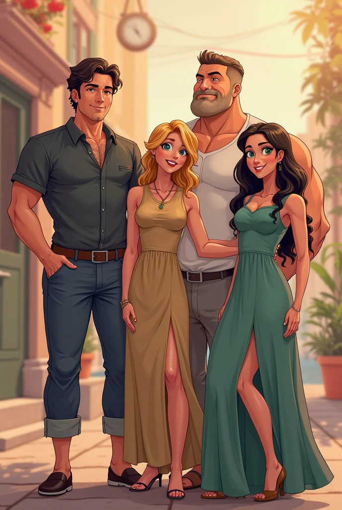 Fat woman anime, blonde, brown-eyed woman next to a tall man, bonitas, bearded and bald and a boy with dark brown hair
