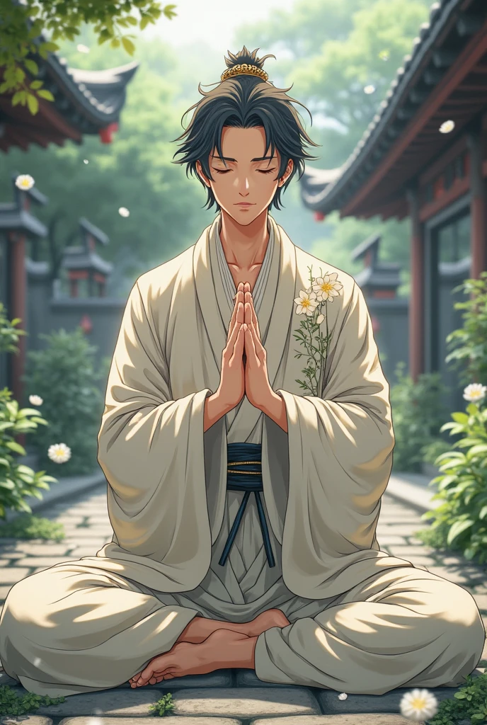 Masterpiece, Best quality, Ultra-detailed, illustration, Chinese youth,1 man, Knelt, Solo, Taoist robes, Detailed, Messy, A tranquil, Taoist temple, Stone, rios, Nero, Silver, Protective, exhaust, equal, respect, culture, spirituality, Practice, fantasy, The ancient Chinese world