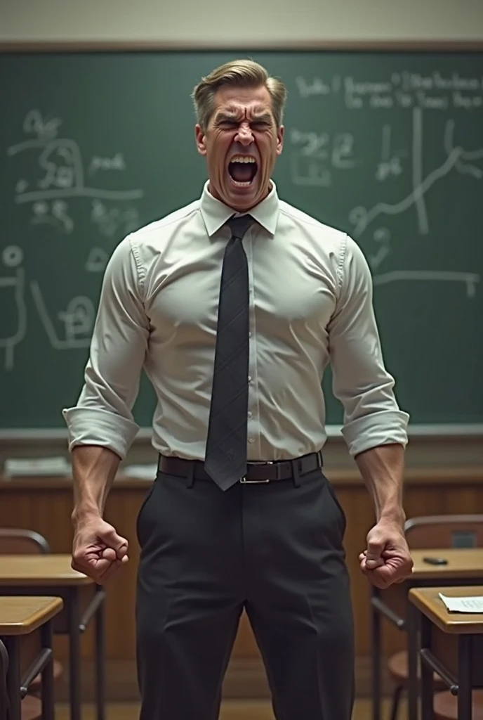 Angry strong hairy blond man ripping off his white underwear in the classroom.