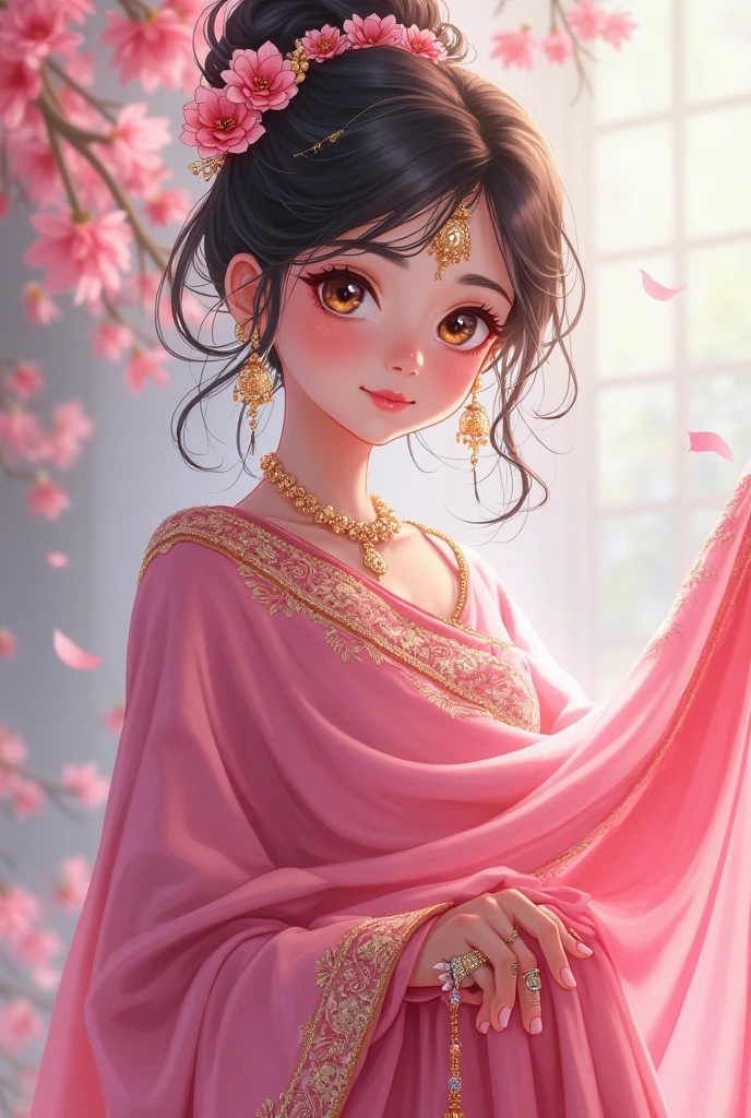 Beautiful and charming Indian bride、Half-body photo、Attractive oval face、double eyelid、Bright peach blossom eyes、Pink Lips、Small Nose、Concentrated face、smile、Face close-up、Ultra-high resolution、Super detailed、Graceful posture、Bridal attire。