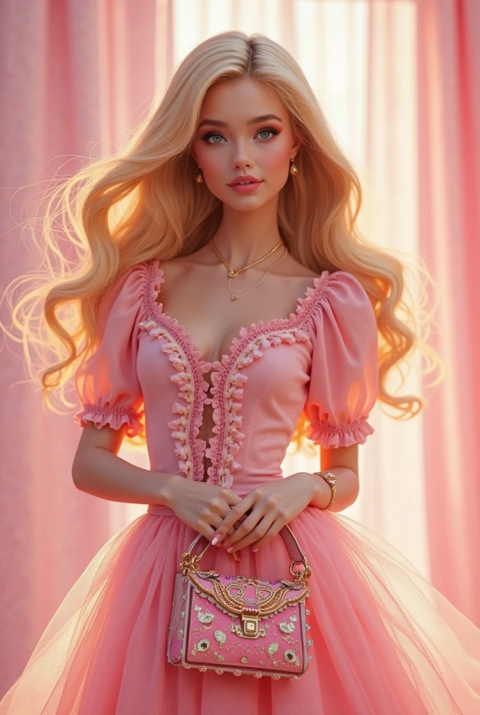 woman with wavy hair, wearing a skirt and pink silk blouse, detailed seductive alluring eyes, in a modern bedroom, masterpiece, detailed, elegant, best quality, diffused broad light, backlighting, bloom, light sparkles, chromatic aberration, smooth, sharp focus