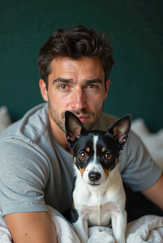 A man sucking a dog's penis in a forest with a warm sunset