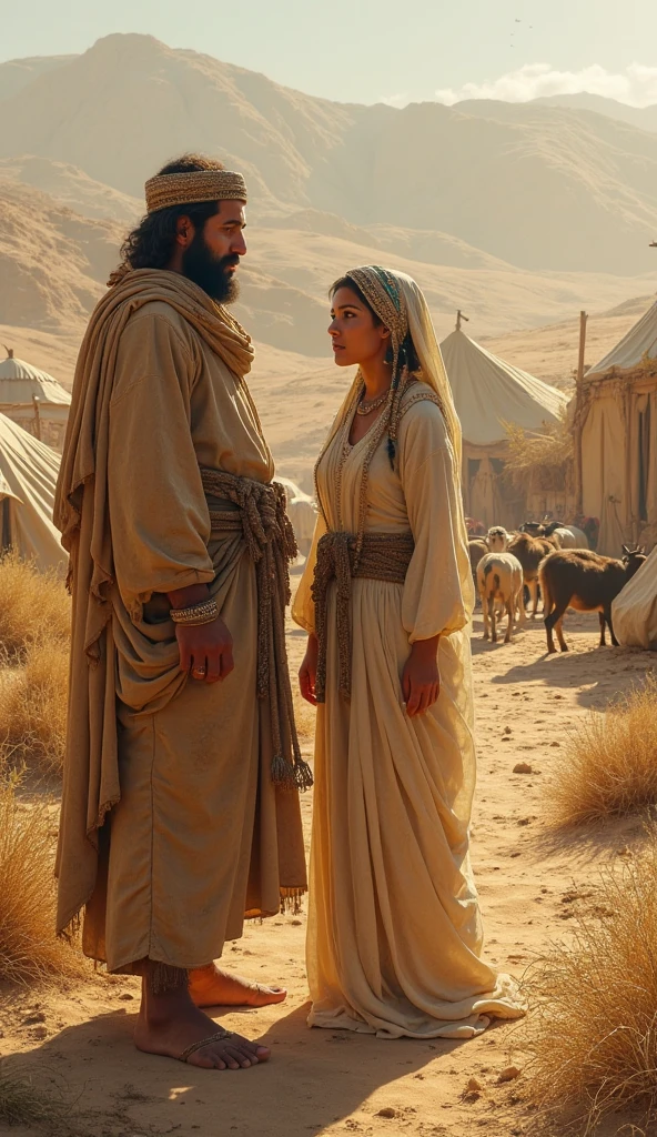 Many people are walking in rows across the Arabian desert. There is an old woman talking to a handsome bearded young man. The young man has a very charming face. Beside them is a heavy bag on the ground. 
The position of the old lady will dominate the scene. 
They were wearing Arabic clothes. 
The sun has risen in the eastern sky and a chill is flying in the sky. 
They had various putli on their heads and hands. Some camels were with them.