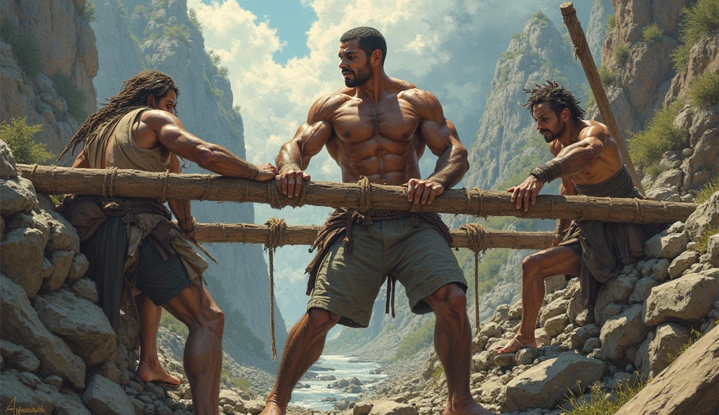 Five strong black men dressed in short shorts breaking rocks with great force and sweating a lot inside a dark mine.
