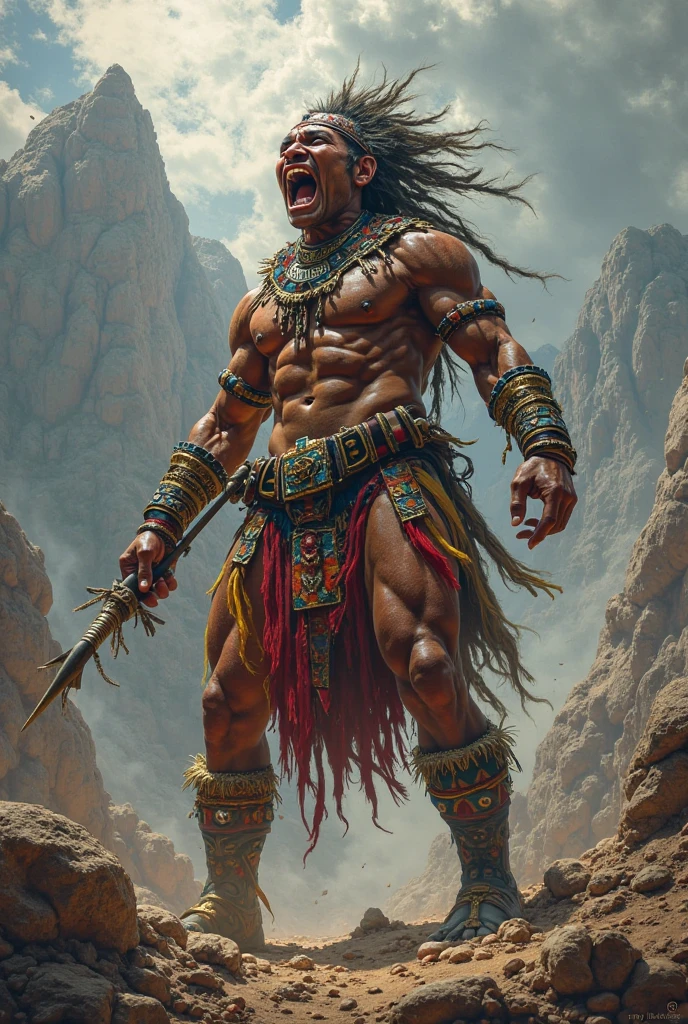 Long hair Filipino igorot in his traditional weaved cloth igorot attire but no accessories, fighting position facing 3/4 left holding bolo and shield, open mouth shouting 