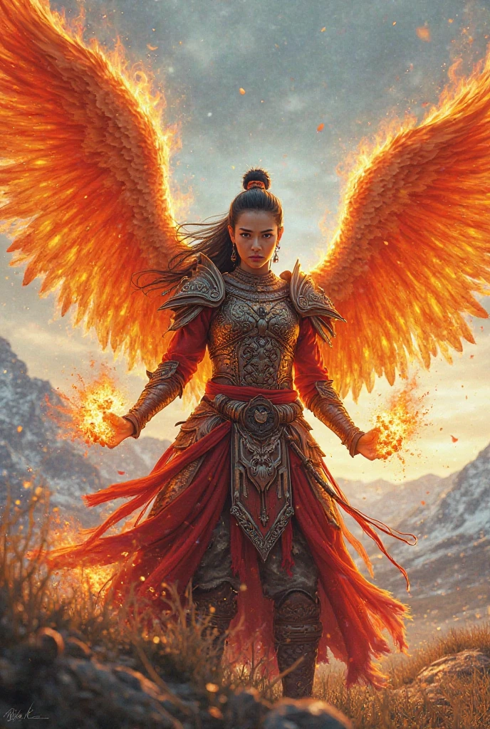 1girll,Flame mage dressed in fiery red(Chinese Hanfu),The robe was embroidered with intricate runes and ornaments,Exudes a burning breath。He was tall and strong,Hands up,Powerful fire spells are being unleashed。His eyes were firm and sharp,A flash of fire flashed in his eyes,Behind the Flame Mage,(A huge flame phoenix spread its wings and flew:1.2),(The feathers of the phoenix burned with roaring flames),It shines brightly,Its body is surrounded by flames,Flame feathers danced,Form a spectacular flaming six-pointed star array pattern,Full of mysterious magic,The whole scene is full of fiery aura and passion for fighting,Large areas of flame spells bloomed in the air,A brilliant arc of flame and flying sparks formed,(Flame Mage and Phoenix),It appears majestic and mysterious in the midst of raging fires,Like the embodiment of fire and magic,red hair,high detal,ultra-realistic realism,Verism,((Bust photo)),(real photograph:1.4),(lightand shade contrast),cinmatic lighting,Realistic special effects,c4d渲染,rendering by octane,Ray traching,in a panoramic view,angle of view,textureskin,super detailing,hyper HD,tmasterpiece,anatomy correct,best qualtiy,A high resolution,8K