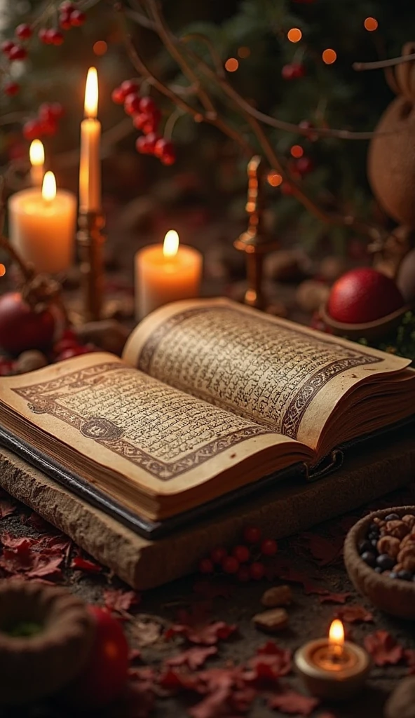 The image shows an open book with Arabic writing on the pages, which is a Quran, lying in a pool of what appears to be blood. The background is dark and moody, enhancing the dramatic effect of the scene. Above the book, there are several lit candles casting shadows that add to the ominous atmosphere.