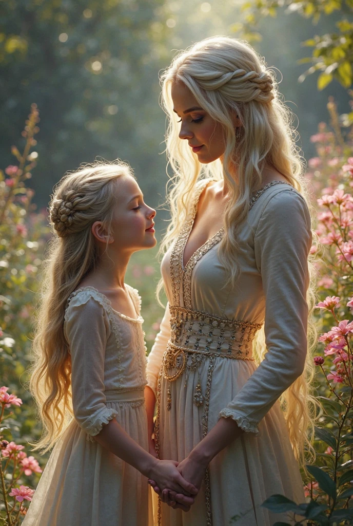 beautiful little medieval russian princess girl 13 year old, long blonde wavy hair, transparent white dress, sittin o the stairs.