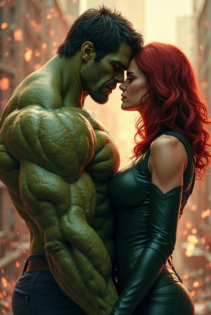 A stunning portrait of hulk and black widow touching each others breasts, kissing, French kissing, tongues touching, they are kissing, young and beautiful, hyper realistic, real portrait, backlit, exquisite features, cleavage, ecstasy, hulk is twice as tall as black widow, he towers over her
