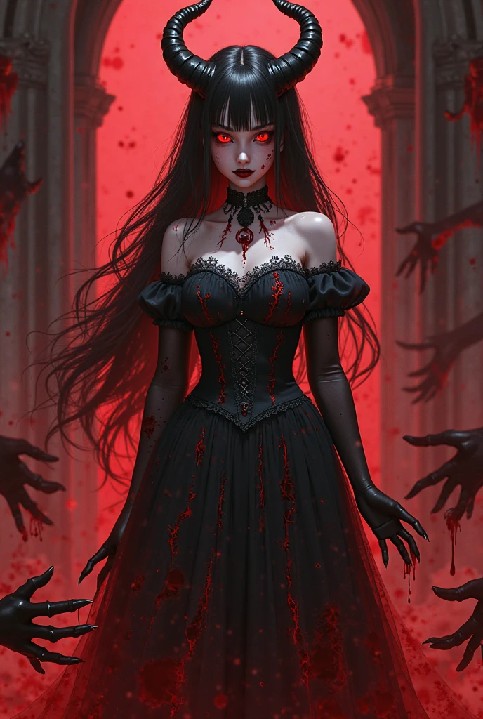 A very pal young girl humanoid character, with red eyes, her name is Cassie, she is crazy, nuts, with cuts and scraps, horror, she is creepy, she is scary, shock value, very evil, ill, she is skinny, evoke, fear, terror, dread, decay, disgust, she is a Psycho, dark, unattractively, unusually thin, thin, scraggly, emaciated, twisted, frightening, sick, dark background, long white dress, gore, blood, solo, close up, (messy black long hair), fog, evil eyes, she is flat, eyes glowing, dress fully covers her, she's nut, yelling, she's mad, she's furious, she's screaming out loud, showing teeth, mouth open wide, yelling at the camera, fire in the background, rage, sharp teeth, bloody mouth, vampire like, she is holding a double bladed axe