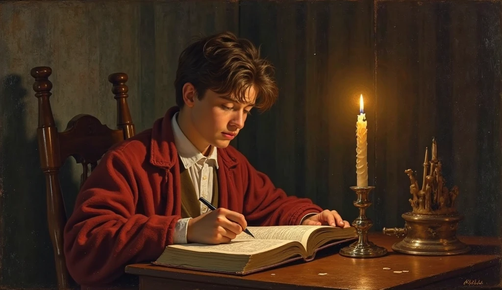 Christmas Room, muchos libros antiguos, Antique dark brown bookshelves, luz de farol tenue, Boy reading at an antique table, cat staring at it