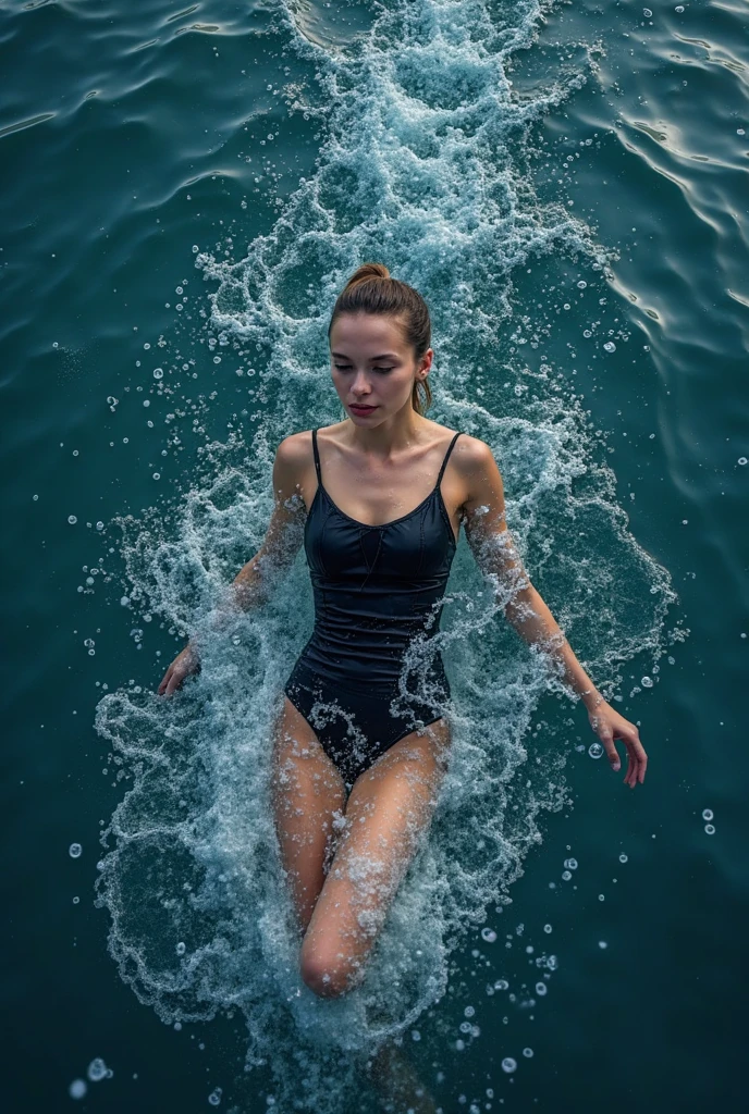Create an image of a sexy and tall dark brunette with slightly wavy hair, standing at 175cm tall. The woman should be dressed in a transparent swimsuit, showcasing her perfect body as she swims underwater. The image should be captured in a way that creates a dynamic and alluring image that combines the allure of the transparent swimsuit with the sex appeal of the woman's body. The image should be captured underwater, showcasing the woman's grace and beauty as she swims