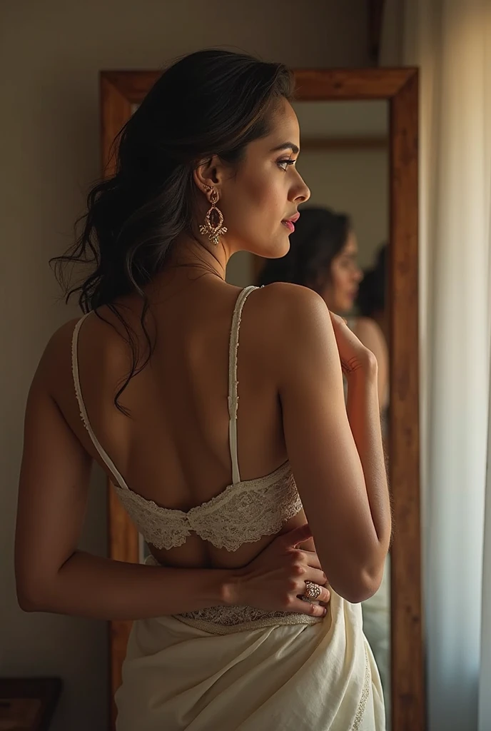 Beautiful Latin American woman dances tango wearing a short, flared skirt. The hem of the skirt flutters. His face was arrogant. in an empty room Plain background, dim light