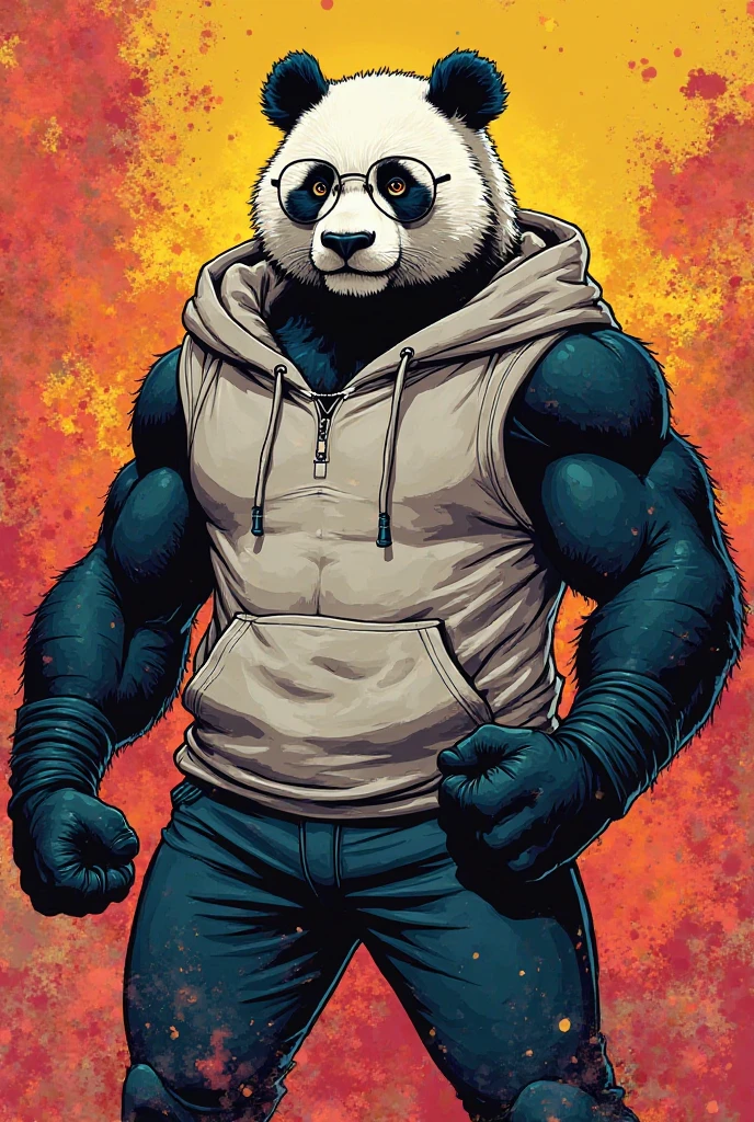 ((best quality)), ((masterpiece)), (detailed), male, anthropomorphic, furry, panda, muscular, wearing eye patch on right eye, black fur on torso, wearing tank top, shorts, grumpy