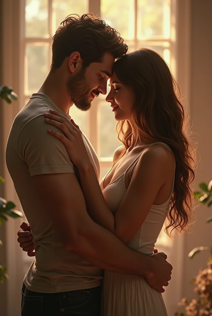 Man facing his girlfriend, carrying her by under her tights while facing each other, they have clothes