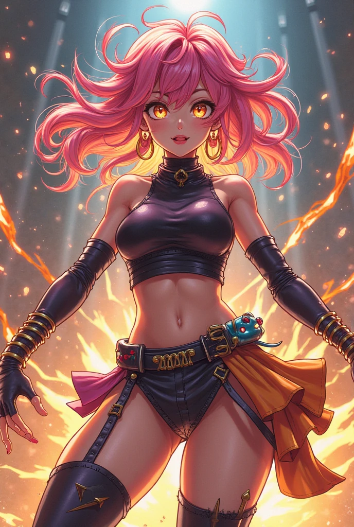 A highly detailed and clear anime-style image of a dynamic and sexy young woman, confidently holding a glowing magical bow, ready to shoot an arrow. She is wearing tight spandex shorts with subtle metallic accents and a short, cropped top with a plunging neckline that reveals her toned midriff. Her body is proportionate and well-defined, with no distortions. Her stance is slightly angled, with one hip jutting out and her weight shifted onto one leg, adding a touch of sensuality to her powerful demeanor. Her eyes are fierce yet carry a hint of a playful, seductive smile. Her long hair cascades down her back, flowing freely in the wind, adding to her wild beauty. The magical bow emits a swirling, mystical aura. The background features a vibrant, fantasy landscape with a colorful, dramatic sky at dusk. Soft, warm lighting highlights her curves, creating gentle shadows that accentuate her athletic physique. The overall scene is sharp and richly detailed, with crisp lines and vivid colors, typical of high-quality anime art.