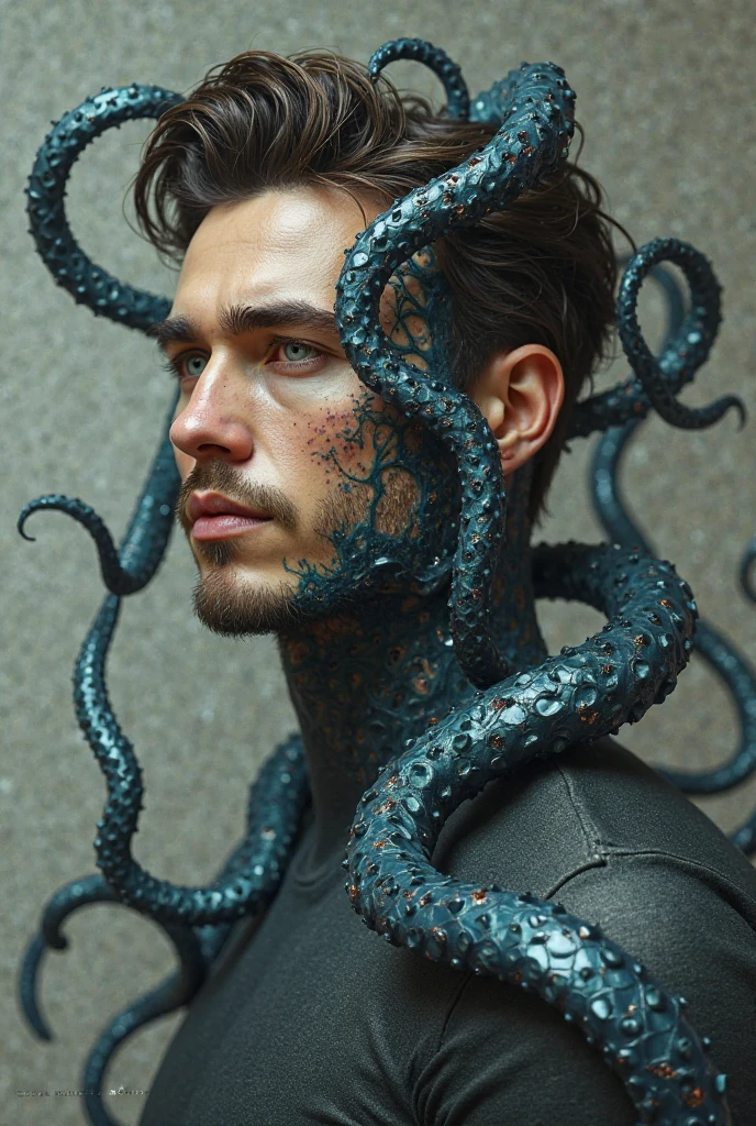 Generate the image of a tattoo of a kraken that starts on the chest and ends on the pelvis and surrounds the body