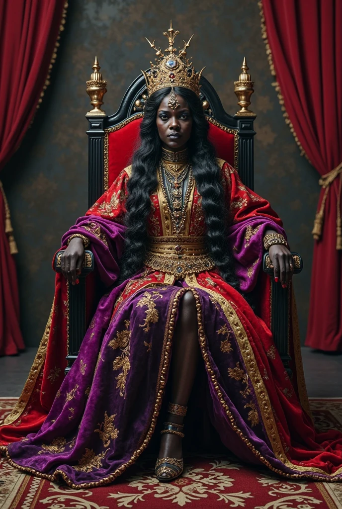 Dark skin woman, dark purple hair, gold eyes, tribal chief, tattoos, tribal clothing, in grand tent, sitting on throne, legs crossed, looking at viewer