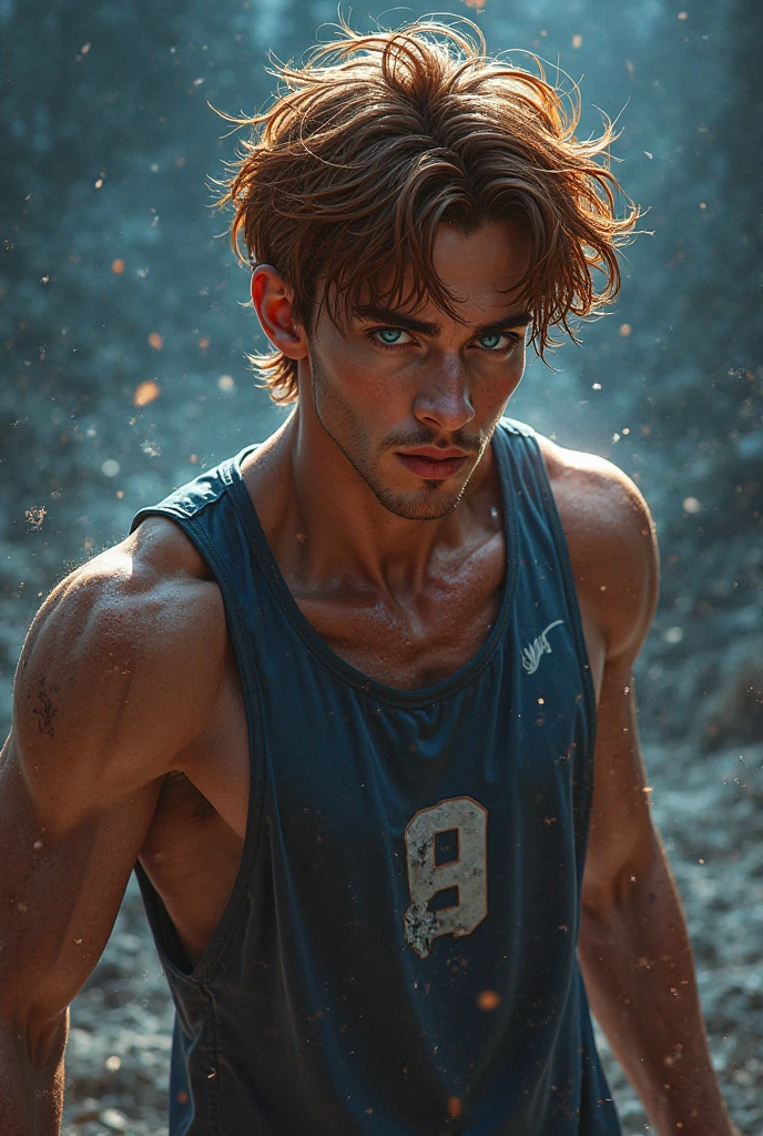 beautifull young stud, 28 years old, wearing wet (thong), (massive bulge), hiking, body hair, sweat, backpack, intricate, perfect body, art, masterpiece, youthfull face, full of energy, athletic, buzzcut, hairy chest, full body picture