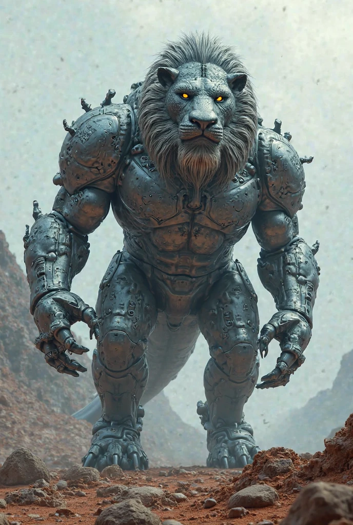 a 100 meter lion with shiny steel skin and obsidian claws