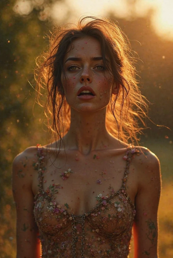 gorgeous young shy woman, french, dusty highway, flowers in wind, fog, haze, sweaty, dripping, hot girl, humid, wet hair, victorian lingerie, sexy nightgown, showing clevage, rose petals, beautiful face, sunlit, covered in flowers and petals, godrays, cozy, wet skin, morning dew, backlighting, hazy, golden hour, morning light, erotic mood, alone, countryside, shy, masterpiece, best quality, ultra-detailed, solo, smoke, shadows, contrast, close-up, cinematic light, side lighting, ultra high resolution, best shadow, RAW, 4k, sexy, cleavage