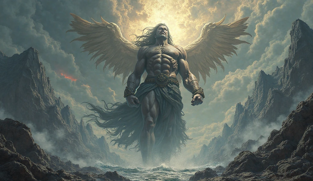 I want an epic image of the Nephilim in the middle of the flood