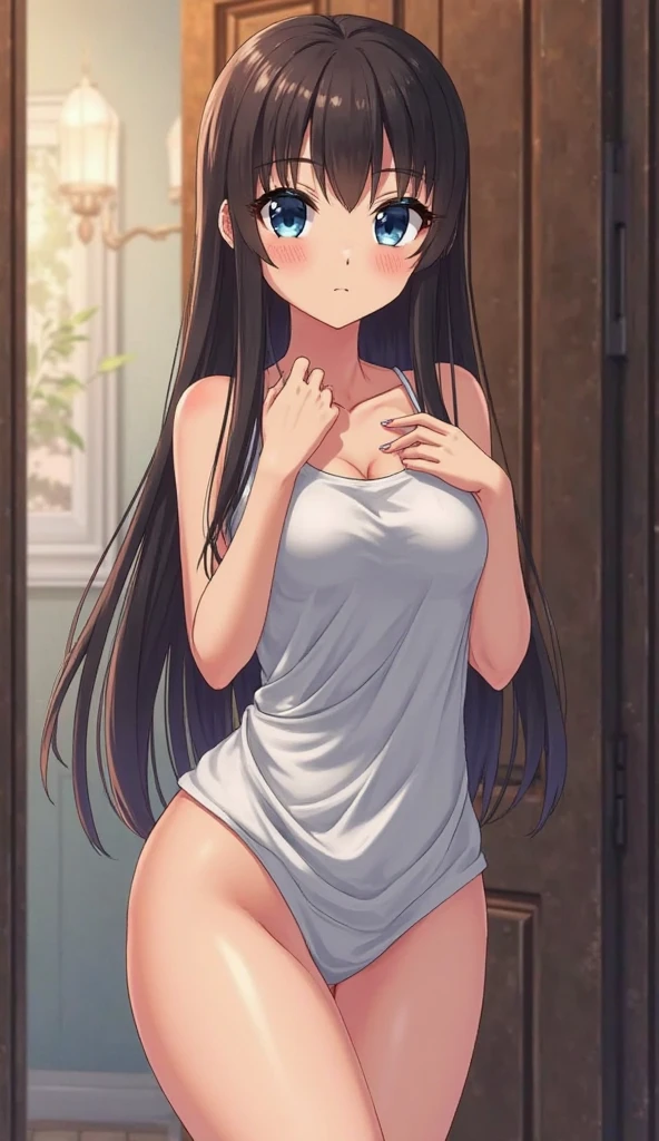 Stunning Chitanda, There is only one beautiful girl,purple eyes, black hair, single ponytail, straight bangs,extremely refined,adult face,lips open,flowing long hair,Peerless beautiful girl, dreamlike,Slim,soft, (Sensual), (kawaii), Dream quality,Wear judo,in the classroom,No underwear,Show areola,bare neck,bare shoulders,exposed collarbone,Showing thighs,ultra high resolution, (masterpiece:1.2, best quality), (Exquisite and beautiful eyes: 1.2), (Beautiful and delicate face)