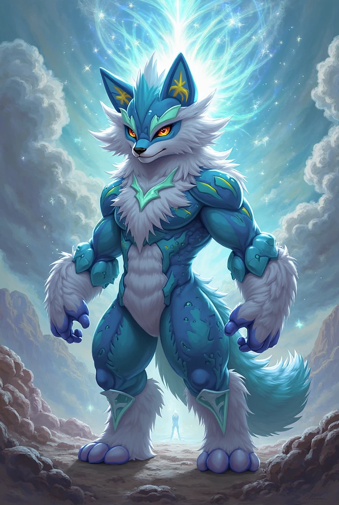 a classic cartoon furry that’s a human with a fur suit so there should be human proportions but animal features that’s blue with a white stomach against a sparkly shiny blue back round holding a blue orb in its right hand and waving with the other hand you can see it’s whole body smiling expression