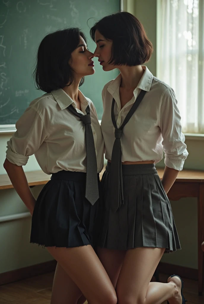 Lesbian kiss, kiss,white shirt,red pencil skirts((shcool uniform)), black pantyhose ,tall height, at school,((kissing detween many students in classroom)), full body view,