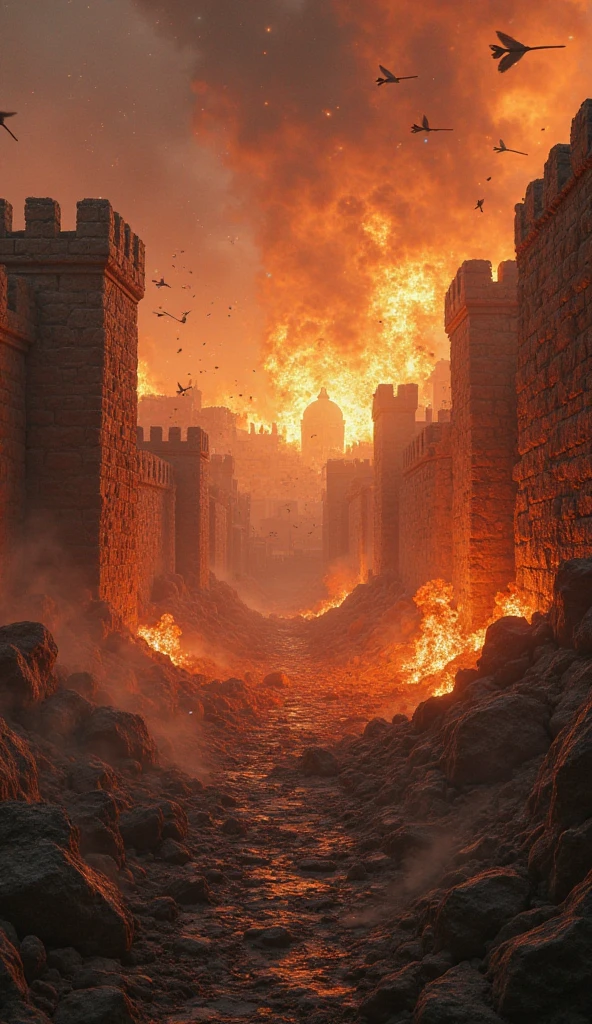 Destruction of Jerusalem in the siege of 70 AD in comic cartoon, dramatic effects, flames, houses being destroyed, people fleeing, swords, death, a soldier in a rage highlighting the dramatic scene