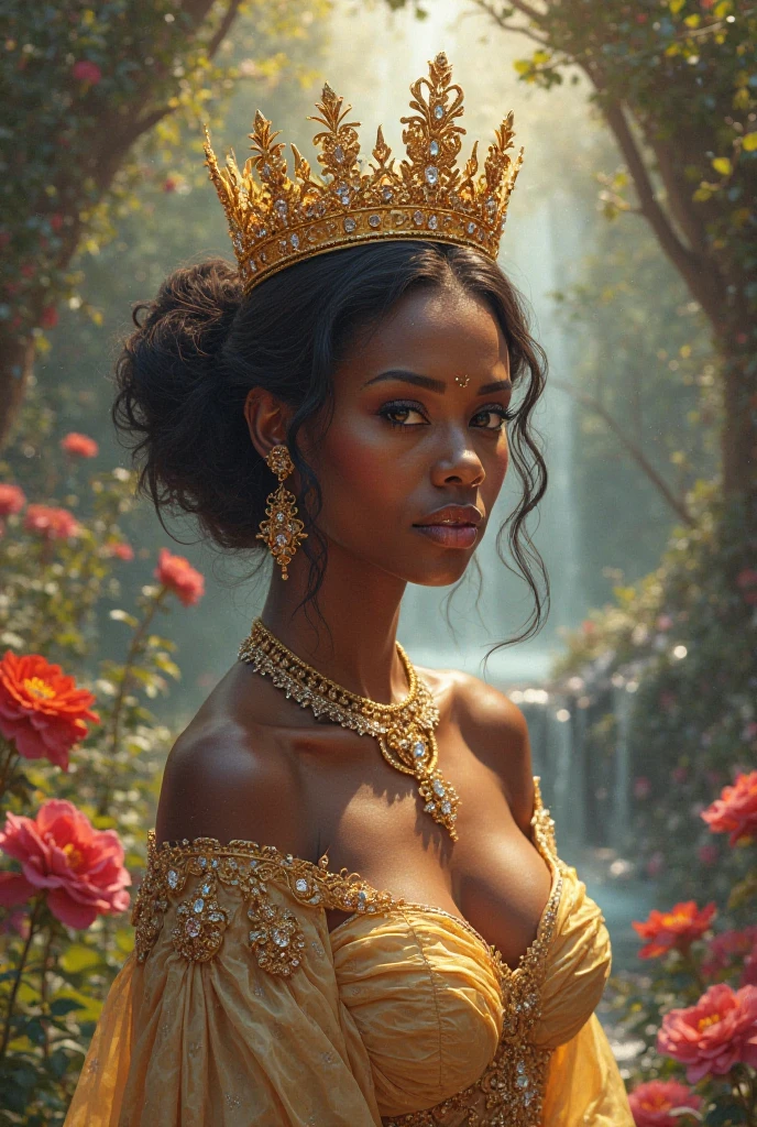 Mulatto smiling Woman Wearing a white and Gold and pink dress sitting on a gold throne with a background of River and Sunflowers victorian style fancy