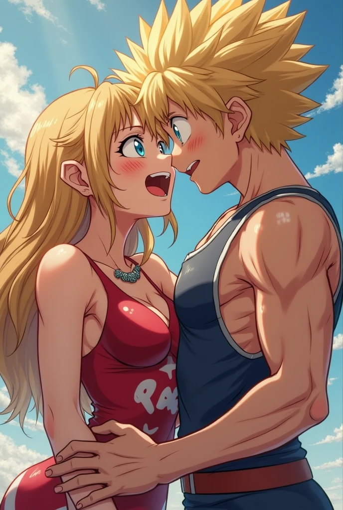 anime art, The girl lifted and held the man on her shoulder, one hand holds a man , view from the girl's back, girl's ass