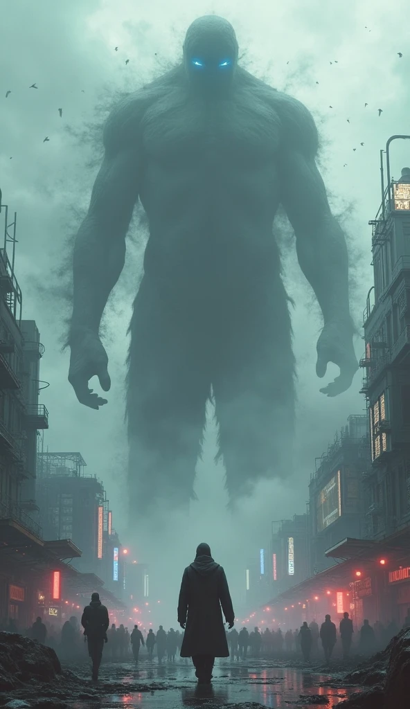 Tokyo、10 people are being chased by a large, black, human-like monster 800 metres long、The monster's eyes are glowing red、The monster is running in a dynamic pose, trying to catch a human.、Horror、Late Night、Very dark、Everyone is running as fast as they can towards the camera.、Fearful expression、Photographed from below、Cinematic lighting、Cinematic Angles