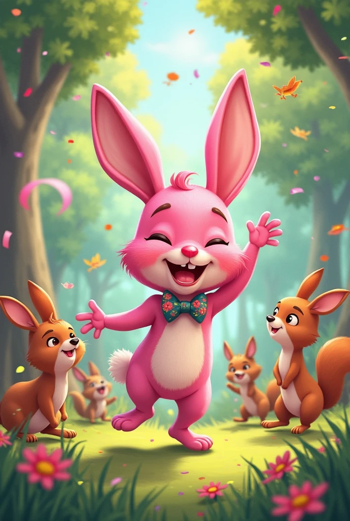 Pink Rabbit Cartoon Yin A pink rabbit celebrate with the animals in the forest and they happy ...