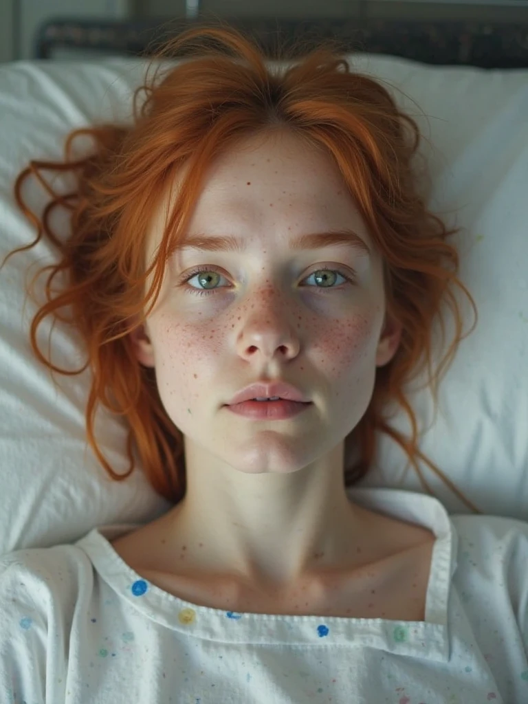 A beautiful girl with blue eyes, dark red hair, freckles and cinematic is sleeping