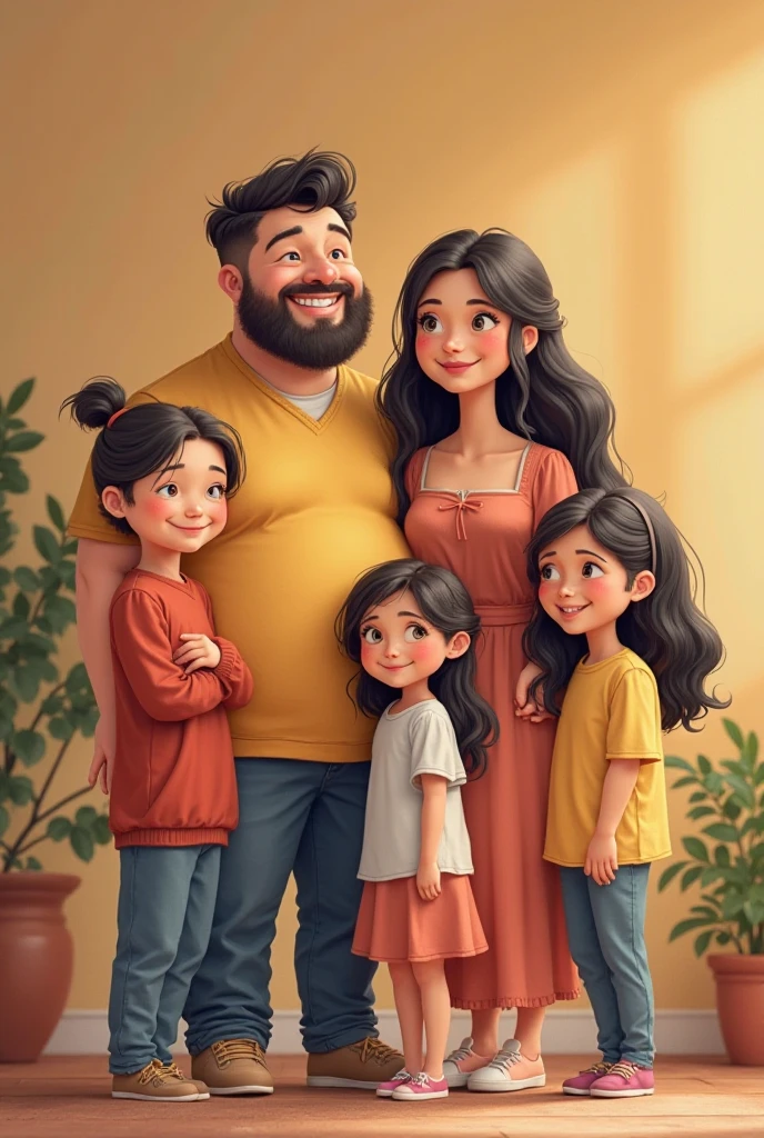 Create an image of a family of 4 people 2 parents and 2 girls one  and one 7 and their parents are 3 the father is tall and chubby and the mother is dark and of medium height the  girl looks like her father and the  like her mother the mother&#39;s hair is wavy with a Latina appearance the father does not wear a beard and the  girl is chubby