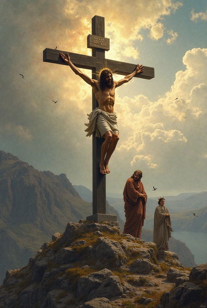 Jesus Christ on the Cross and the Virgin Mary looking up at him