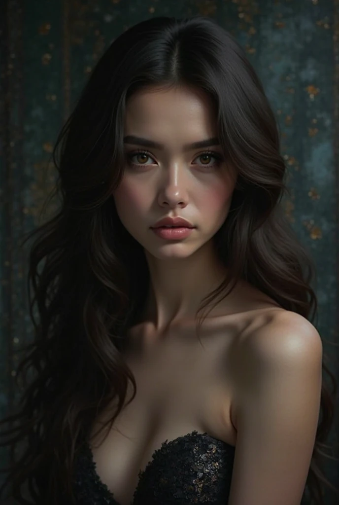a beautiful young woman, extremely detailed body, elegant posture, flawless skin, long flowing hair, delicate facial features, beautiful eyes, full lips, graceful movements, natural lighting, warm color palette, chiaroscuro lighting, dramatic shadows, atmospheric, cinematic, oil painting, masterpiece, high quality, intricate details, photorealistic